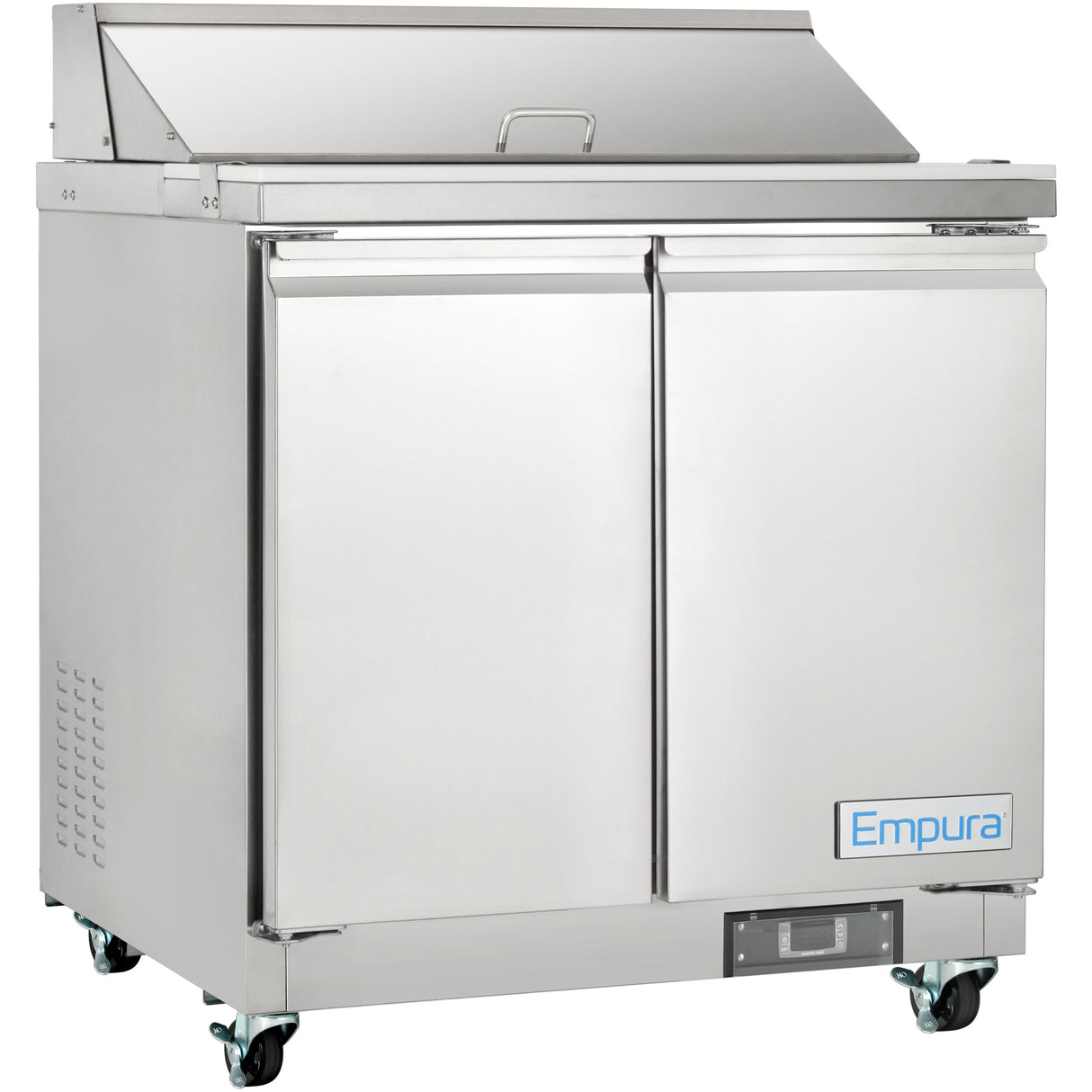 A stainless steel Empura refrigeration sandwich prep table with two doors, a raised covered prep area on top, side ventilation, and wheels for mobility. The front displays the brand name Empura on a blue and white label near the bottom right corner.