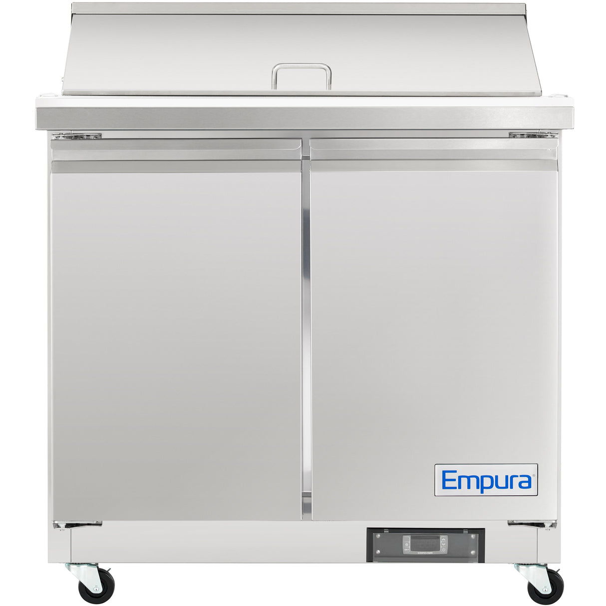 A commercial stainless steel refrigerated sandwich prep table with double doors, a closed top prep area, and wheels for mobility. The Empura refrigeration logo appears in blue on the lower right corner. Clean and modern in appearance.