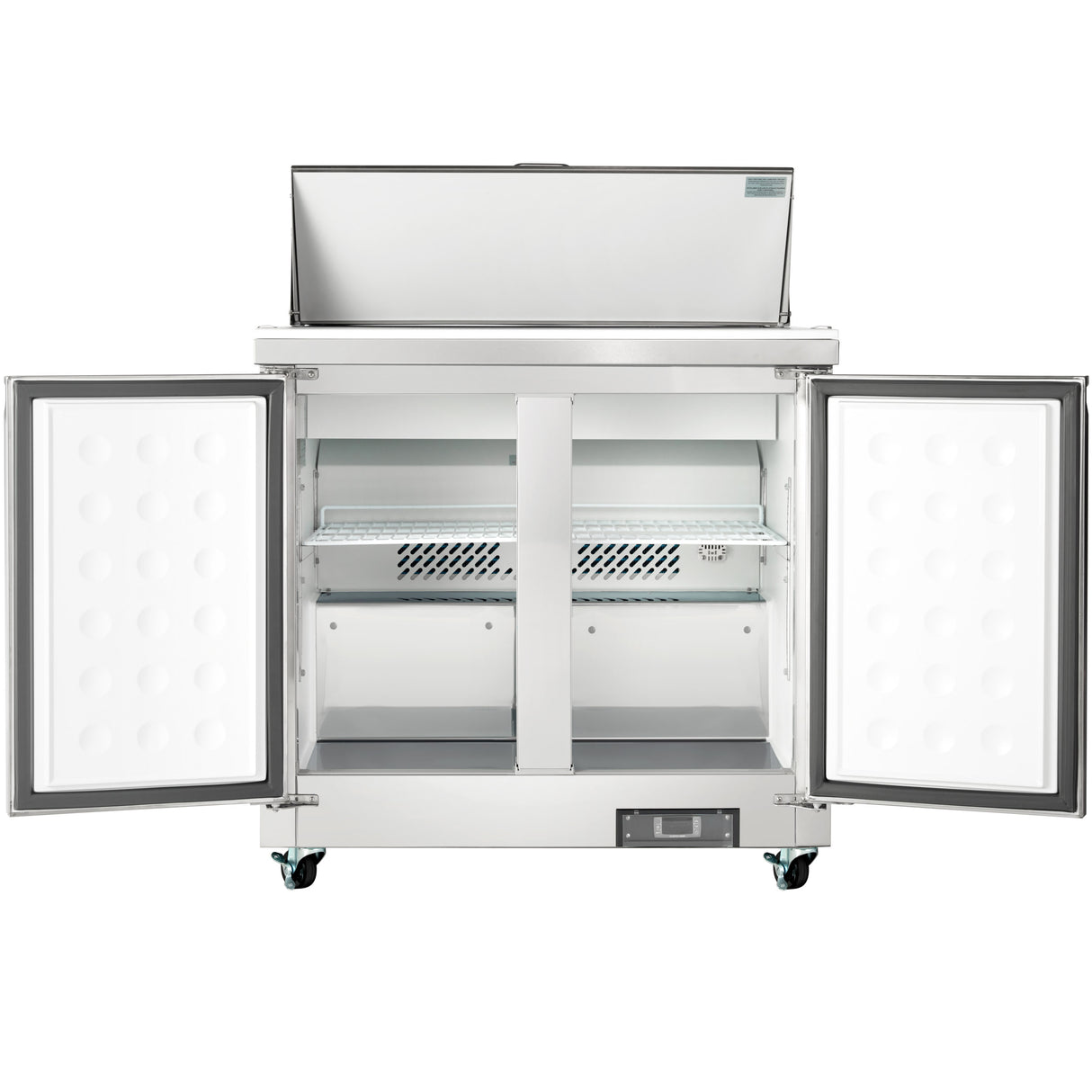 A commercial Empura refrigeration unit with both doors and top lid open reveals two interior shelves, a back vent, and a digital temperature display at the bottom. This refrigerated sandwich prep table is on wheels for easy mobility.