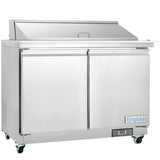 A commercial Empura Refrigeration stainless steel Mega Top Prep Table with two doors, a flat preparation surface, raised condiment rail with closed lid, four caster wheels, side vents, and a blue Empura logo on the front panel.