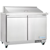 A commercial Empura Refrigeration stainless steel Mega Top Prep Table with two doors, a flat preparation surface, raised condiment rail with closed lid, four caster wheels, side vents, and a blue Empura logo on the front panel.