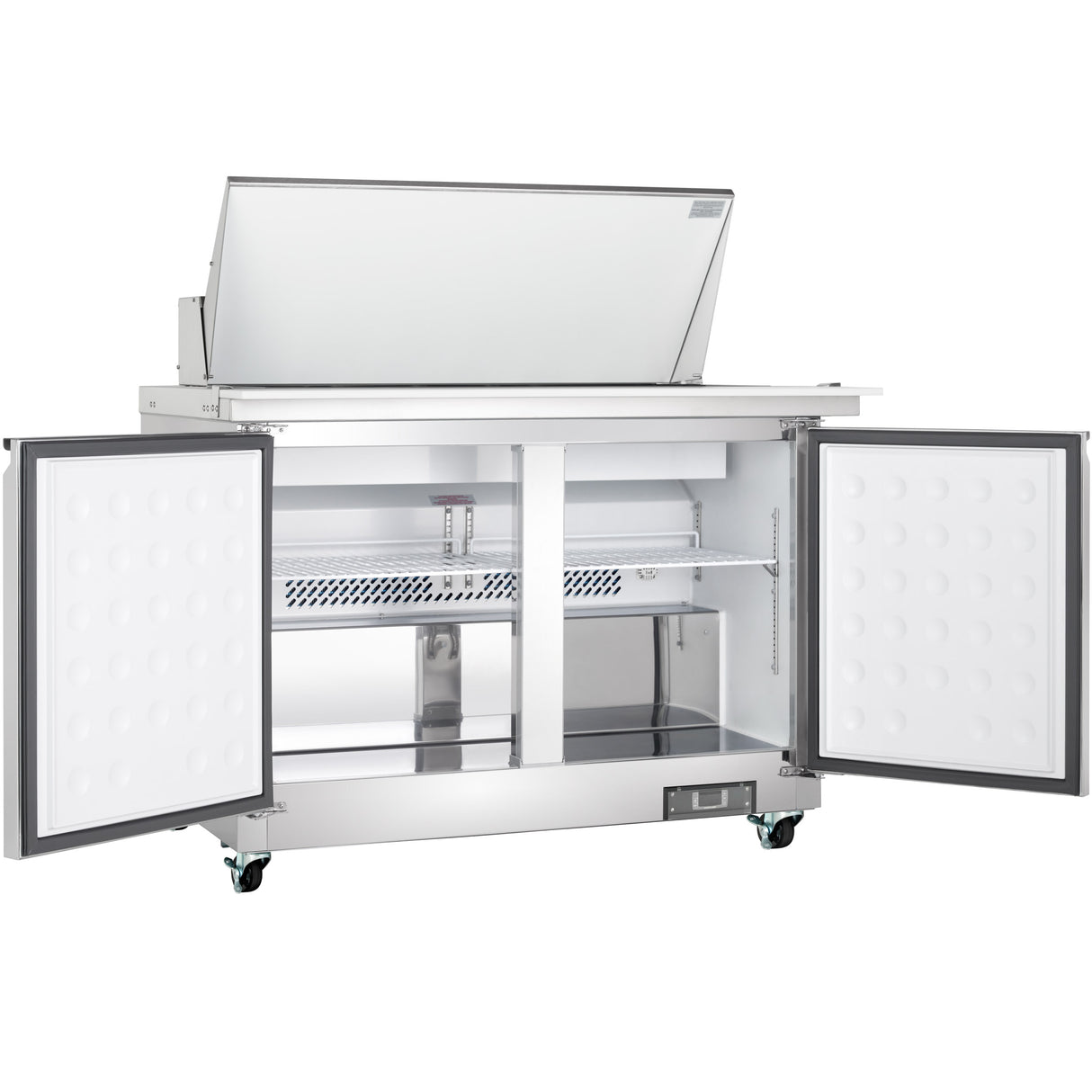 A commercial Empura Refrigeration Mega Top Prep Table with an open top lid, two open front doors, and interior shelves. The unit has wheels for mobility and features clean, spacious storage compartments inside.