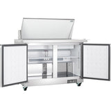 A commercial Empura Refrigeration Mega Top Prep Table with an open top lid, two open front doors, and interior shelves. The unit has wheels for mobility and features clean, spacious storage compartments inside.