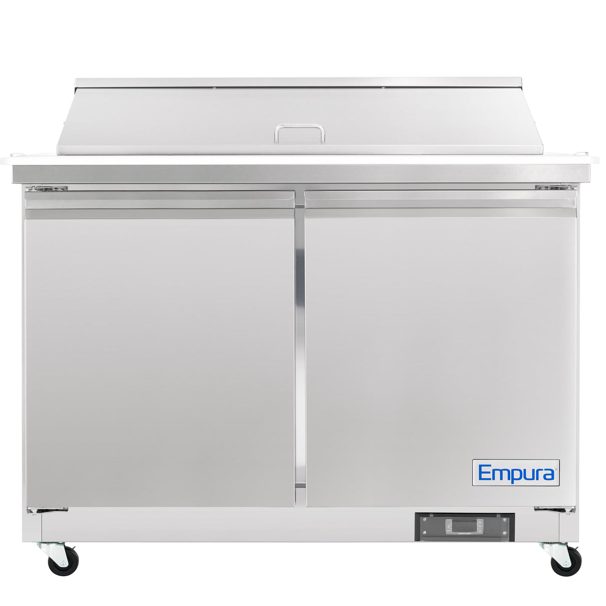 A commercial stainless steel Empura Refrigeration unit with two doors, a raised back lid, four caster wheels, and a control panel at the bottom right. This closed refrigerated sandwich prep table features a minimalist design for kitchens or food service settings.