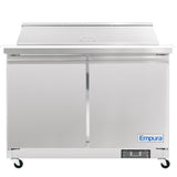 A commercial stainless steel Empura Refrigeration unit with two doors, a raised back lid, four caster wheels, and a control panel at the bottom right. This closed refrigerated sandwich prep table features a minimalist design for kitchens or food service settings.