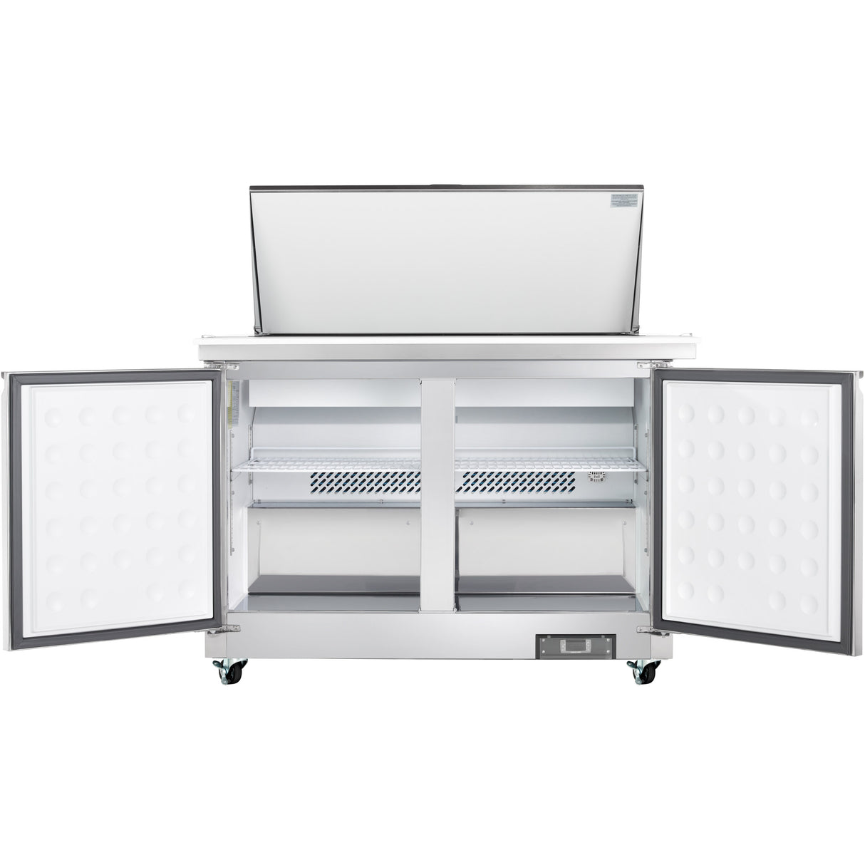 A commercial freezer with a top-open lid and two front doors wide open, revealing empty white interior shelves from Empura Refrigeration. It sits on caster wheels and has a clean, industrial look, similar to a refrigerated sandwich prep table.