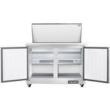 A commercial freezer with a top-open lid and two front doors wide open, revealing empty white interior shelves from Empura Refrigeration. It sits on caster wheels and has a clean, industrial look, similar to a refrigerated sandwich prep table.