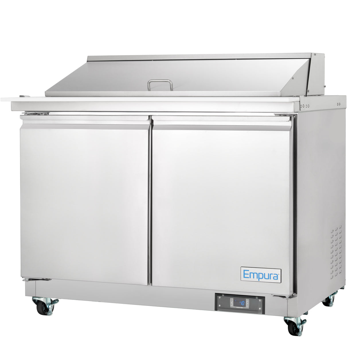 The Empura Refrigeration mega top prep table features a stainless steel build, two doors, a flat prep surface, and a raised back with lift-up lid. This refrigerated sandwich prep table includes wheels, a digital display panel, and the Empura logo on the bottom right.