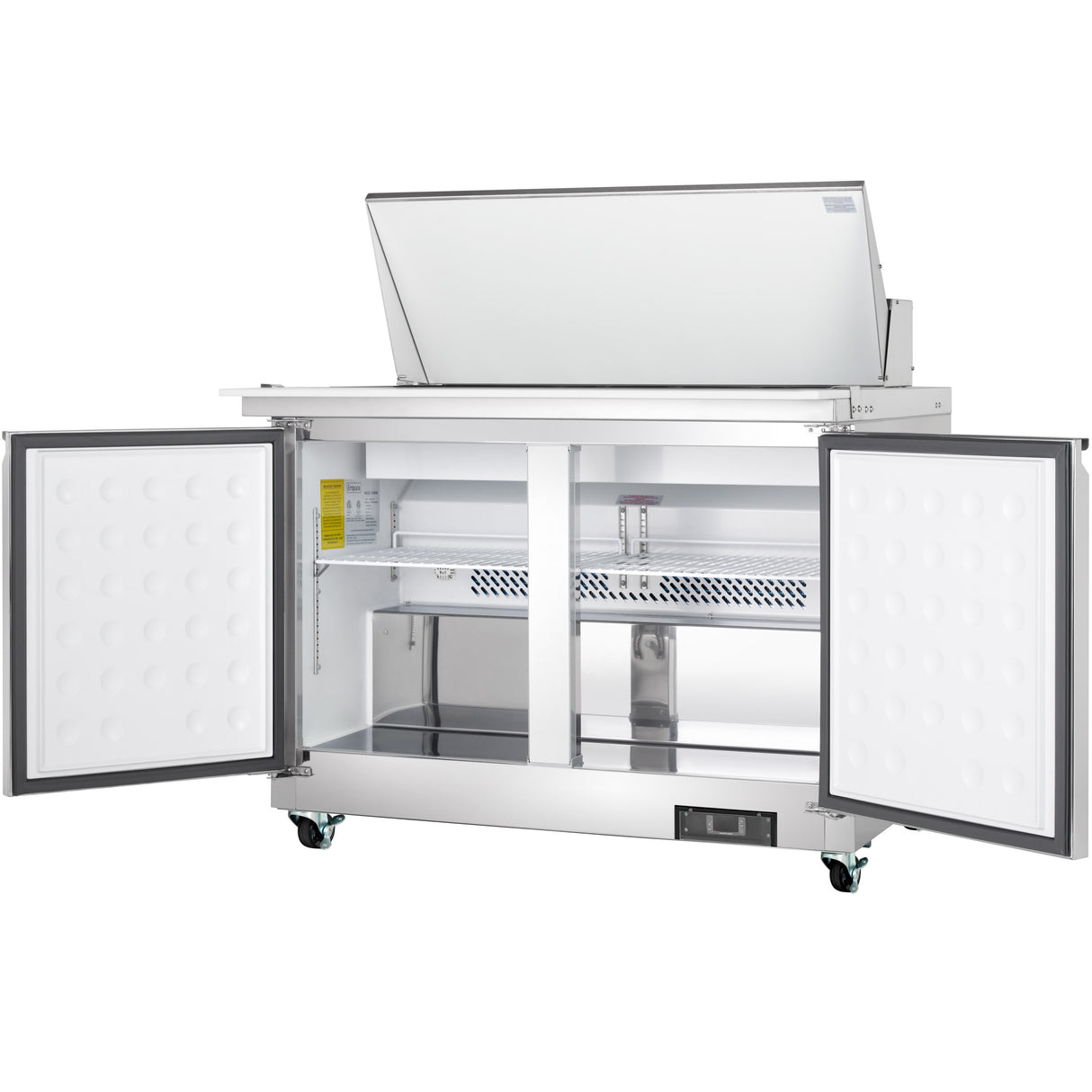 A commercial Empura Refrigeration Mega Top Prep Table with two open front doors and a top lid flipped up, revealing a shelf inside and a prep area above. The unit has four wheels for mobility and a digital control panel at the bottom right.