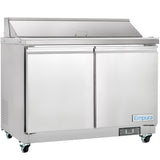A stainless steel, commercial Empura refrigerated sandwich prep table with two doors, mounted on caster wheels. The top has a hinged lid for food prep access, and the “Empura” logo is visible on the bottom right front panel.