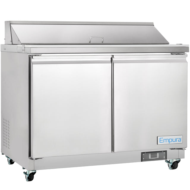 A stainless steel, commercial Empura refrigerated sandwich prep table with two doors, mounted on caster wheels. The top has a hinged lid for food prep access, and the “Empura” logo is visible on the bottom right front panel.