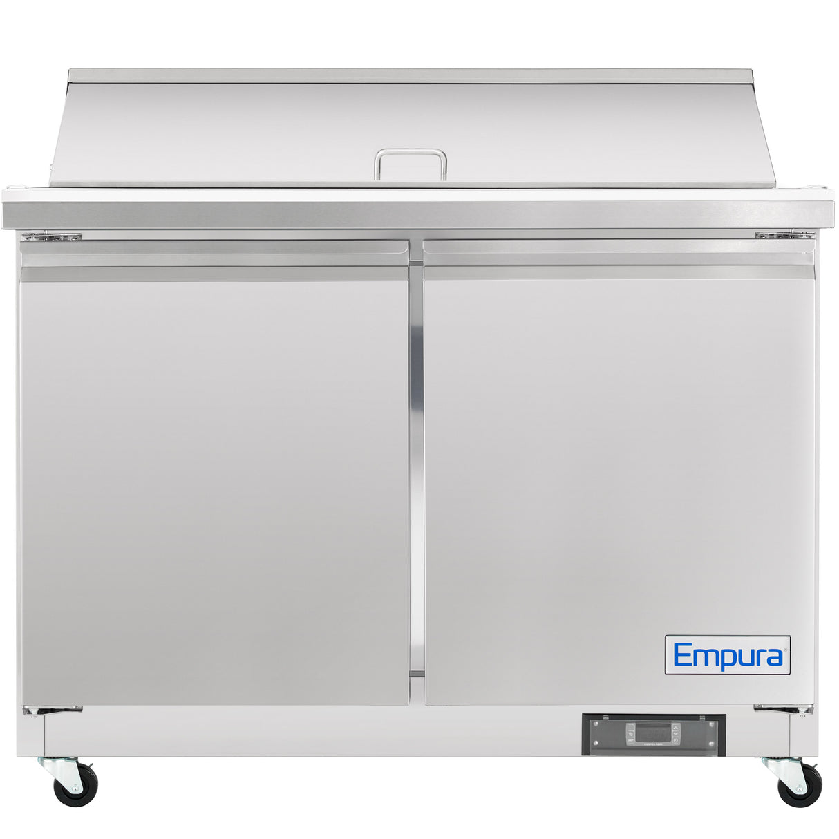 A stainless steel Empura refrigeration salad prep table with two doors, a flat top, four caster wheels, and a digital temperature display. The unit features a raised back section and handle for lifting the top, ideal for any commercial kitchen.