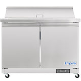 A stainless steel Empura refrigeration salad prep table with two doors, a flat top, four caster wheels, and a digital temperature display. The unit features a raised back section and handle for lifting the top, ideal for any commercial kitchen.
