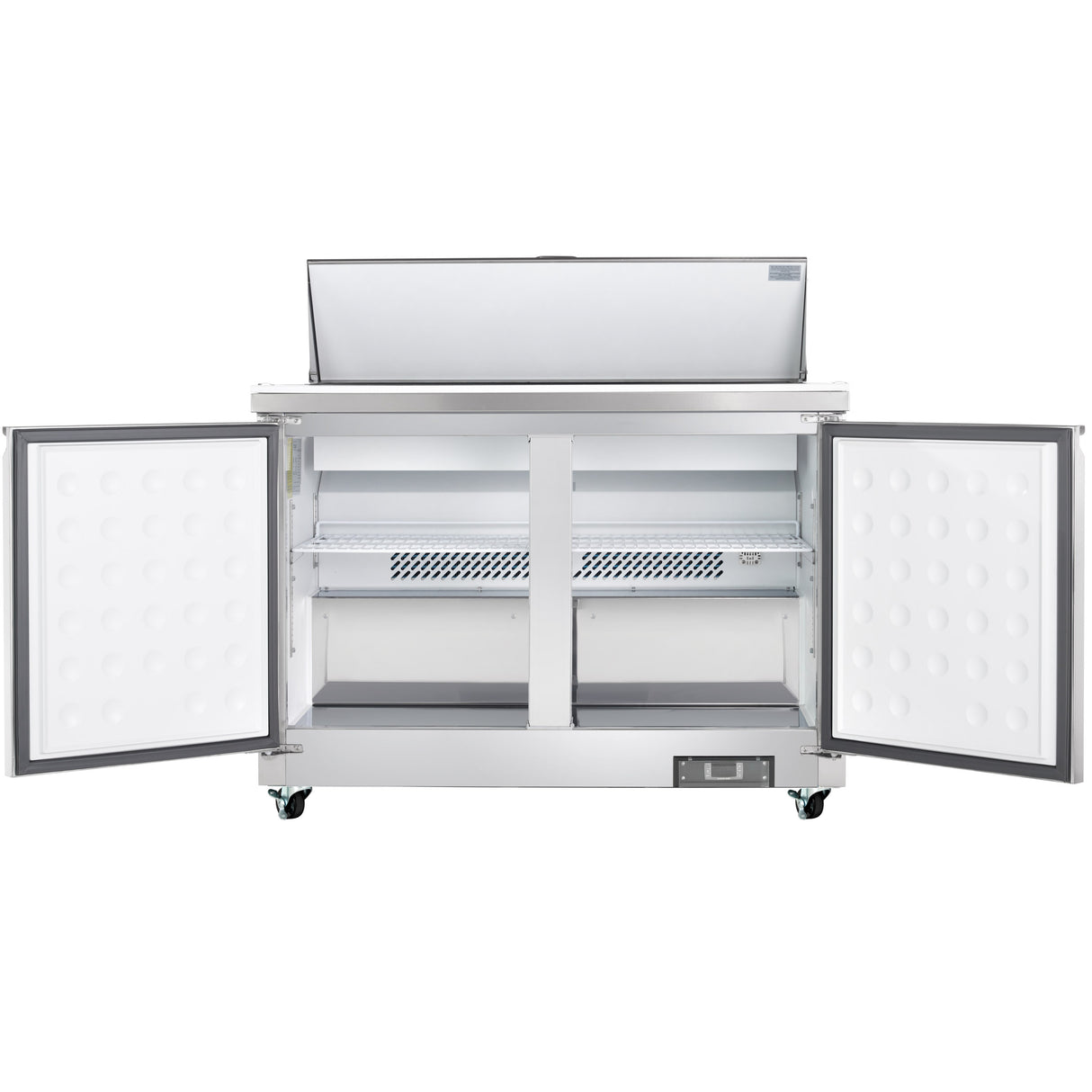 A commercial stainless steel Empura refrigeration unit with two open front doors reveals empty shelves and storage space inside. The clean interior, vented back panel, and raised lid on top suggest it could double as a refrigerated sandwich prep table.