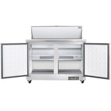 A commercial stainless steel Empura refrigeration unit with two open front doors reveals empty shelves and storage space inside. The clean interior, vented back panel, and raised lid on top suggest it could double as a refrigerated sandwich prep table.