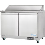 A stainless steel Empura refrigeration unit with two doors, a top salad prep table covered by a hinged lid, four caster wheels, and an Empura logo on the bottom right corner. Digital controls are visible near the base.