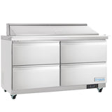 A large stainless steel Empura refrigeration unit features four doors, a flat worktop, and a raised back compartment—ideal as a refrigerated sandwich prep table. The unit is on wheels with the brand name “Empura” on the lower right corner.
