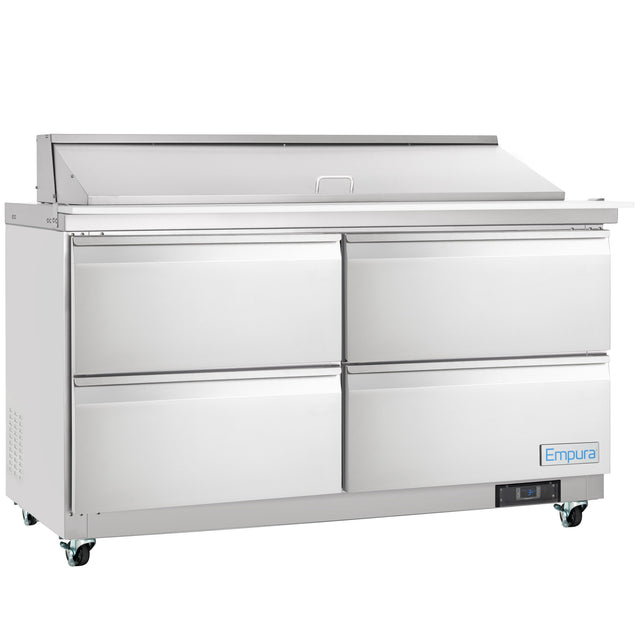 A large stainless steel Empura refrigeration unit features four doors, a flat worktop, and a raised back compartment—ideal as a refrigerated sandwich prep table. The unit is on wheels with the brand name “Empura” on the lower right corner.
