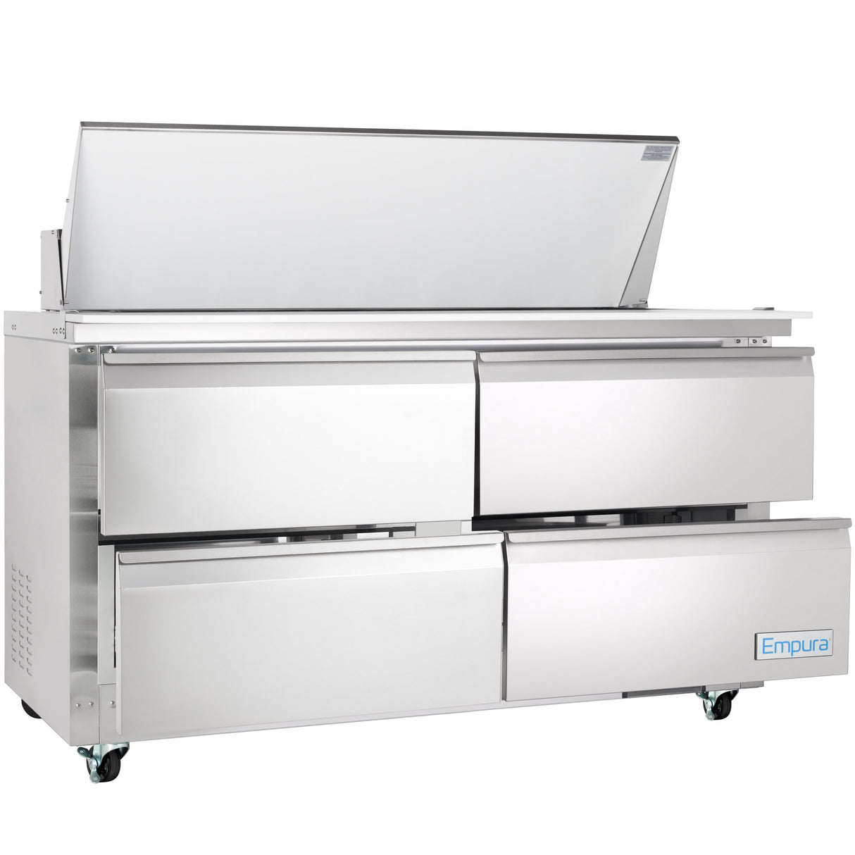 A large Empura refrigeration mega top prep table with four drawers, a raised hinged lid, and wheels. This sleek, modern refrigerated sandwich prep table is ideal for food preparation and storage in commercial kitchens.