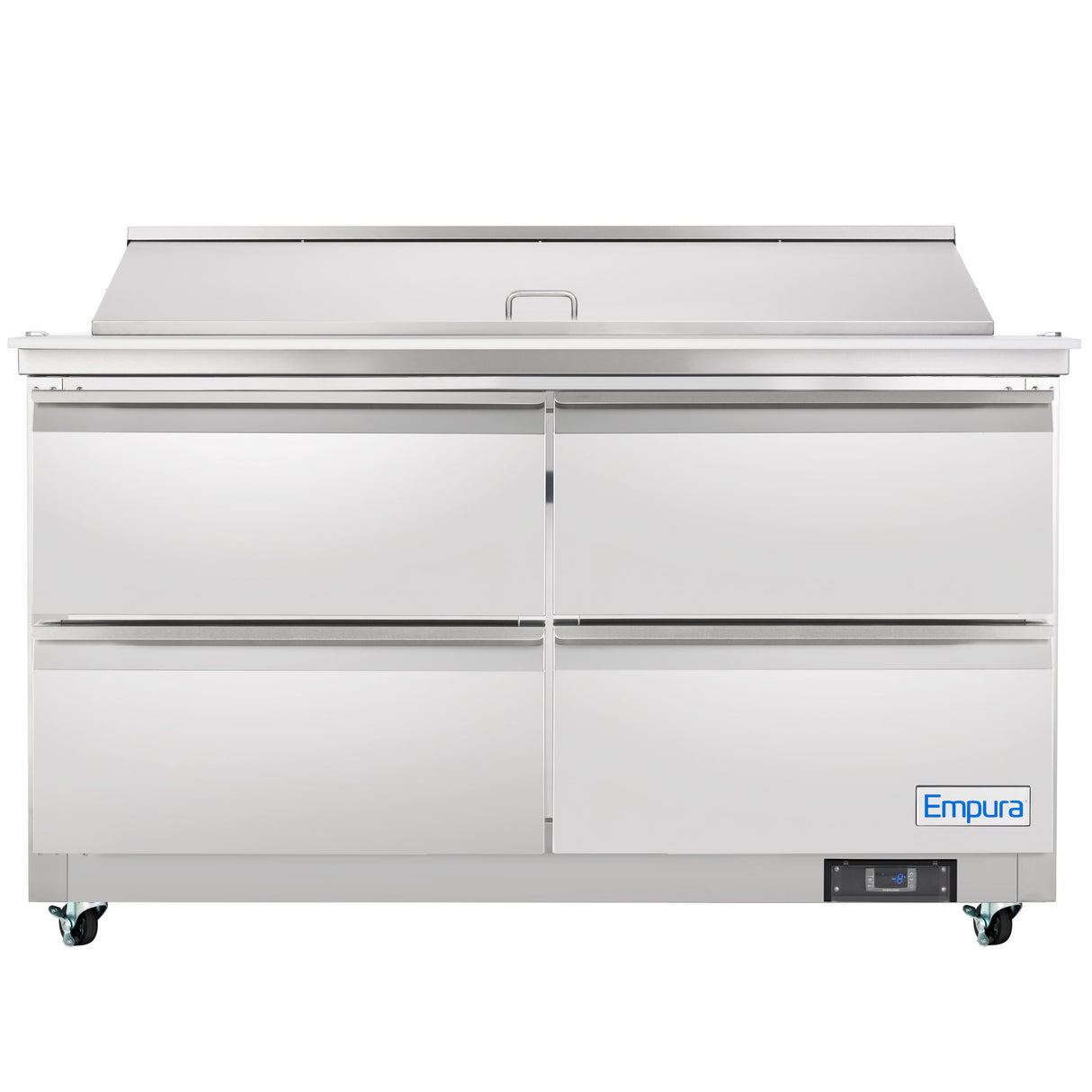 A large, stainless steel Empura refrigeration unit with four doors, a flat worktop, and a raised ingredient storage area. This mega top prep table is on wheels and designed for use in professional kitchens.