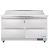 A large, stainless steel Empura refrigeration unit with four doors, a flat worktop, and a raised ingredient storage area. This mega top prep table is on wheels and designed for use in professional kitchens.