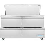 A stainless steel Empura refrigeration mega top prep table with four drawers and a top lid that opens upwards. The unit is on wheels for mobility, featuring a clean, modern design—perfect for any professional kitchen.