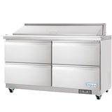 A large, stainless steel refrigerated sandwich prep table with four pull-out drawers, a top prep area with a closed lid, and wheels for mobility. Empura refrigeration branding appears on the lower right corner. The design is modern and industrial.