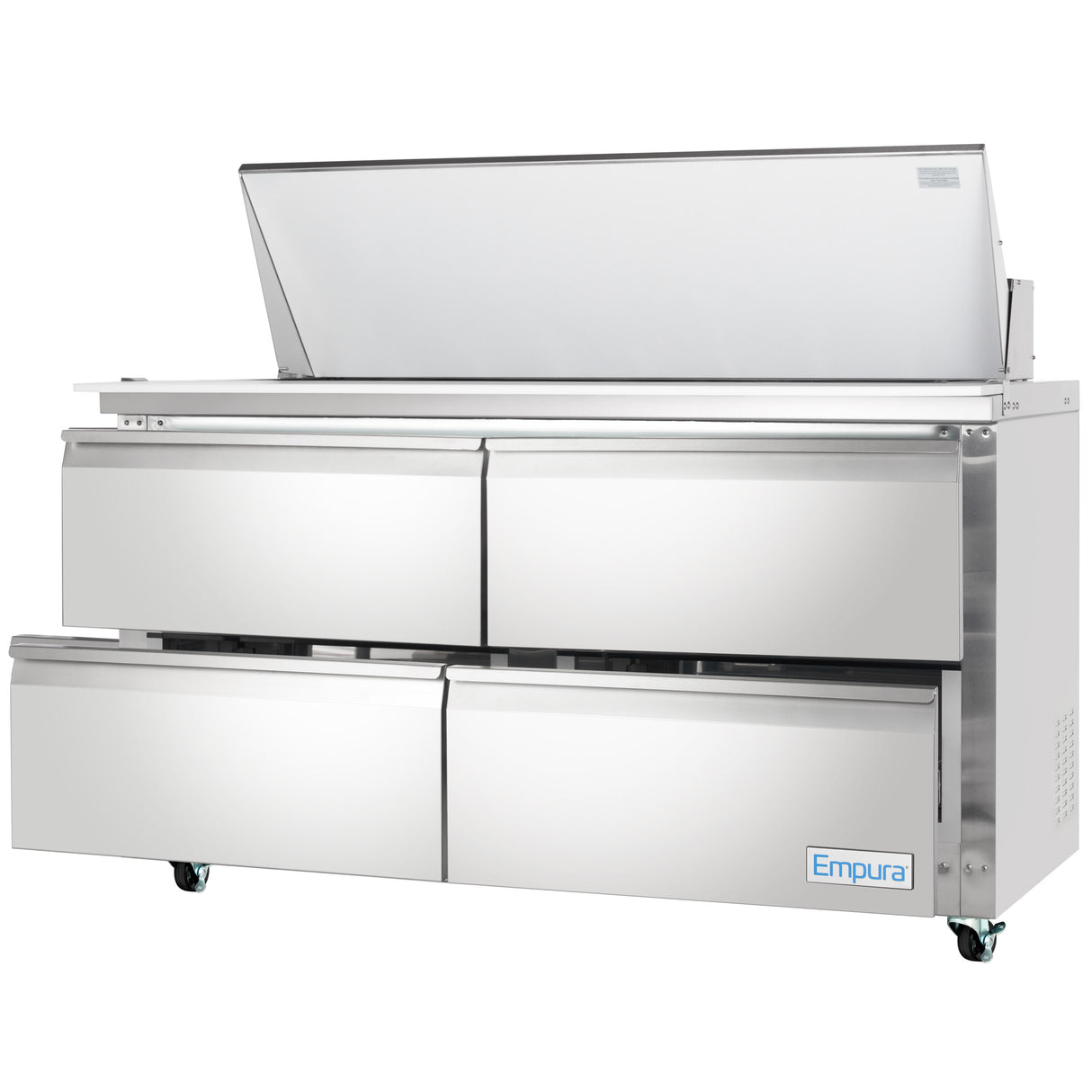 A stainless steel Empura refrigerated sandwich prep table with four pull-out drawers and a hinged top lid that’s open. The unit is on wheels, and the spacious top section serves as a mega top prep table for convenient food storage and preparation.