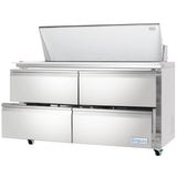 A stainless steel Empura refrigerated sandwich prep table with four pull-out drawers and a hinged top lid that’s open. The unit is on wheels, and the spacious top section serves as a mega top prep table for convenient food storage and preparation.