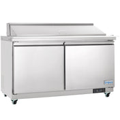 A large Empura refrigerated sandwich prep table with two doors, a flat worktop, a raised covered section at the back, and small wheels for mobility. The stainless steel mega top prep table features the “Empura” brand on the lower right corner.