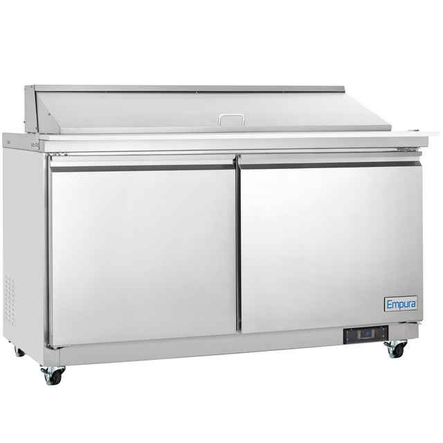 A large Empura refrigerated sandwich prep table with two doors, a flat worktop, a raised covered section at the back, and small wheels for mobility. The stainless steel mega top prep table features the “Empura” brand on the lower right corner.