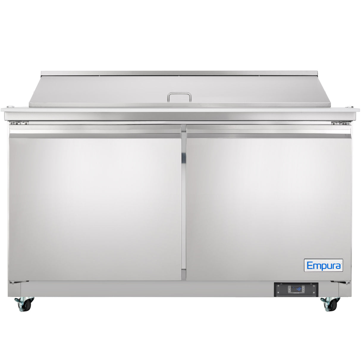 A large Empura refrigeration mega top prep table with two doors, a flat prep surface, lid handle, four small wheels, and an Empura logo on the bottom right. A digital control panel is visible near the base.