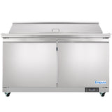 A large Empura refrigeration mega top prep table with two doors, a flat prep surface, lid handle, four small wheels, and an Empura logo on the bottom right. A digital control panel is visible near the base.