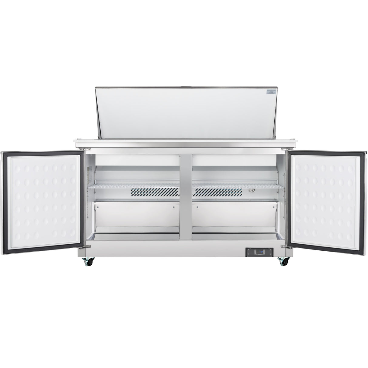 A commercial stainless steel refrigerated sandwich prep table with double doors open, showing empty white interior shelves and a top lid also open; this Empura refrigeration unit stands on small wheels and features a digital control panel at the bottom right.