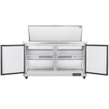 A commercial stainless steel refrigerated sandwich prep table with double doors open, showing empty white interior shelves and a top lid also open; this Empura refrigeration unit stands on small wheels and features a digital control panel at the bottom right.