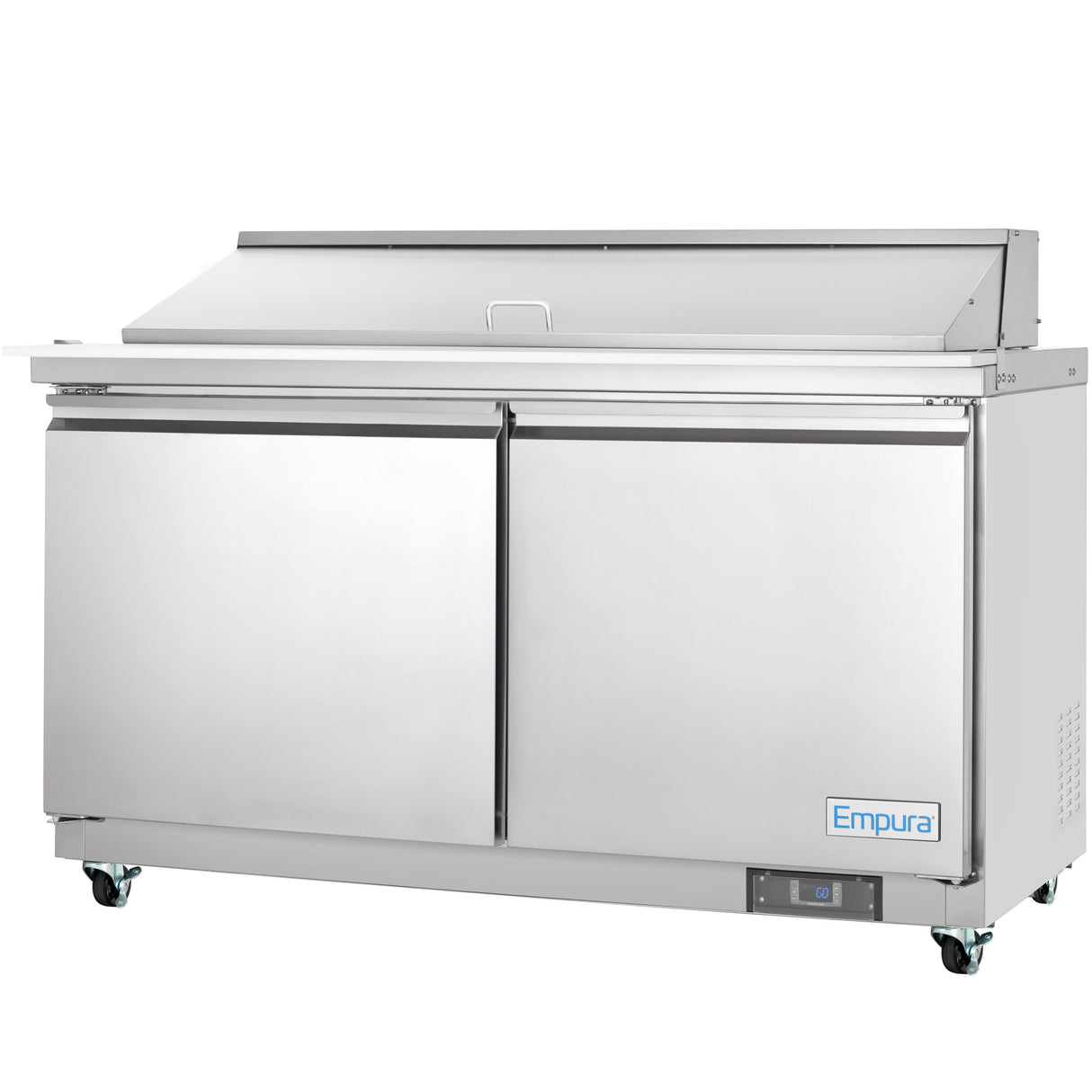A large Empura refrigeration unit, this stainless steel refrigerated sandwich prep table features two doors, a flat mega top prep table surface, a raised back cover, side vent, digital display below, wheels for mobility, and the Empura label.