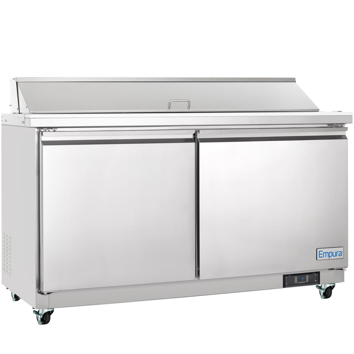 A large stainless steel Empura Refrigeration salad prep table with two doors, flat top, raised back section, side vents, and four wheels. The "Empura" brand name is visible on a small blue label near the bottom right corner.