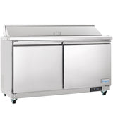 A large stainless steel Empura Refrigeration salad prep table with two doors, flat top, raised back section, side vents, and four wheels. The "Empura" brand name is visible on a small blue label near the bottom right corner.