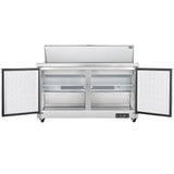 A commercial Empura Refrigeration stainless steel refrigerated sandwich prep table with both doors open, revealing two interior shelves and a lower storage area. The top lid is also open, showing a prep area. The unit has wheels and a digital control panel.