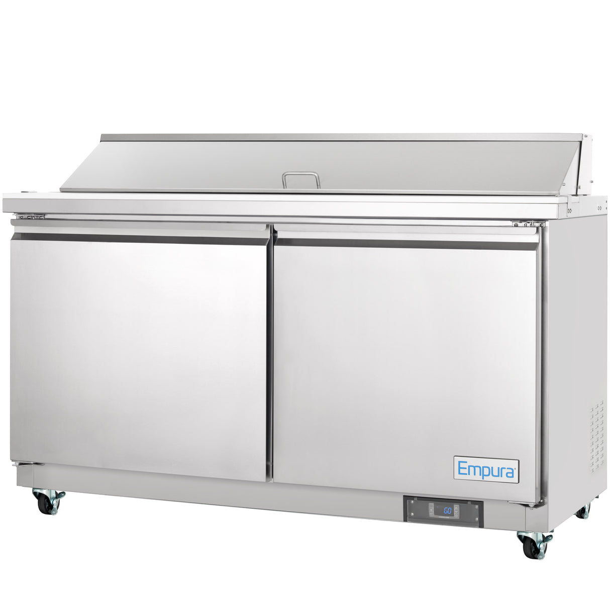 A large Empura Refrigeration stainless steel commercial refrigerator doubles as a refrigerated sandwich prep table, featuring two doors, a digital display at the bottom right, a raised lid on top, caster wheels, and the Empura branding in the lower right corner.