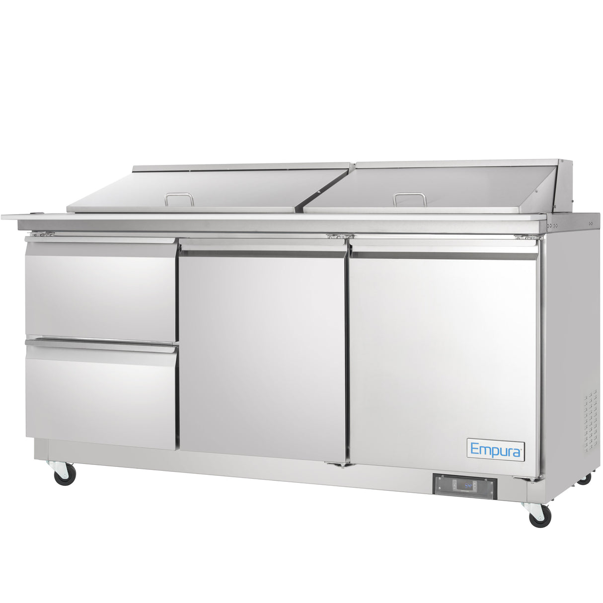 A large stainless steel Empura refrigerated sandwich prep table features two drawers on the left, two doors in the center and right, two lift-up lids up top, and four wheels. The unit is labeled Empura on the lower right corner.