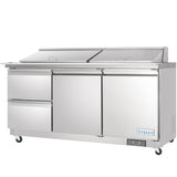 A large stainless steel Empura refrigerated sandwich prep table features two drawers on the left, two doors in the center and right, two lift-up lids up top, and four wheels. The unit is labeled Empura on the lower right corner.