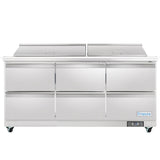 A large commercial Empura refrigerated sandwich prep table with six pull-out drawers, two top compartments with lift-up lids, and four wheels. The Empura logo is visible on the bottom right corner. The unit is clean and reflective.
