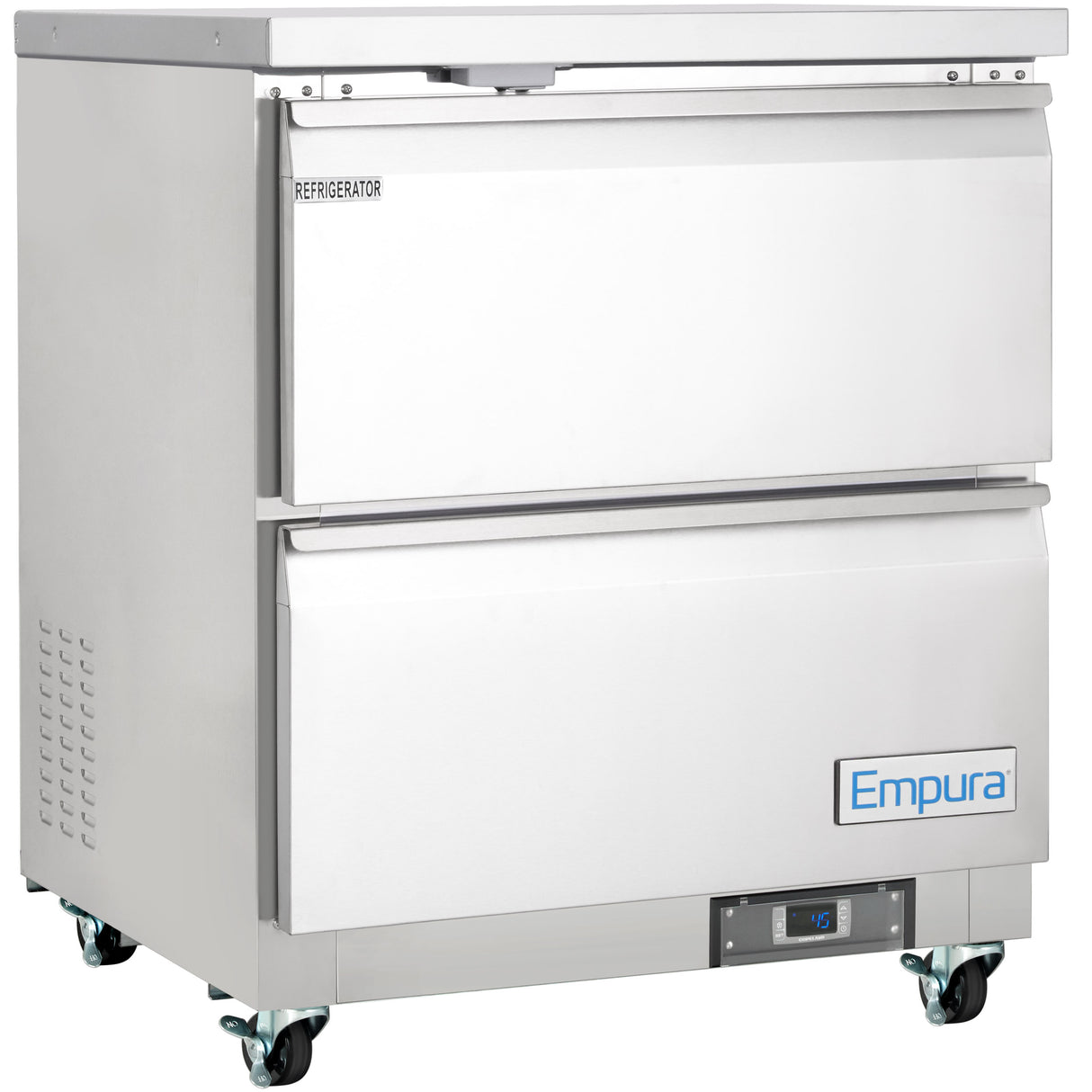 A sleek, modern Empura Refrigeration undercounter reach-in refrigerator with two pull-out drawers sits on four caster wheels. The stainless steel 2 drawer refrigerator features a digital temperature display on the lower front panel.