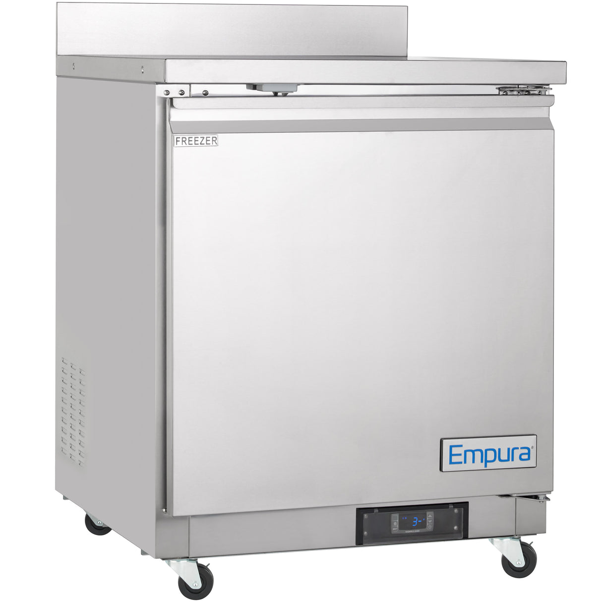 A stainless steel Empura Work Top Freezer on wheels with a single front door labeled FREEZER. It features a digital temperature display, Empura logo, and a flat workspace on top—perfect as an undercounter reach-in freezer for any kitchen.