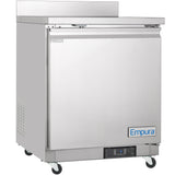 A stainless steel Empura Work Top Freezer on wheels with a single front door labeled FREEZER. It features a digital temperature display, Empura logo, and a flat workspace on top—perfect as an undercounter reach-in freezer for any kitchen.