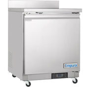 A stainless steel Empura Work Top Freezer on wheels with a single front door labeled FREEZER. It features a digital temperature display, Empura logo, and a flat workspace on top—perfect as an undercounter reach-in freezer for any kitchen.