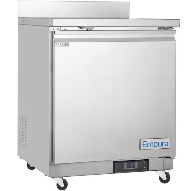 A stainless steel Empura Work Top Freezer on wheels with a single front door labeled FREEZER. It features a digital temperature display, Empura logo, and a flat workspace on top—perfect as an undercounter reach-in freezer for any kitchen.