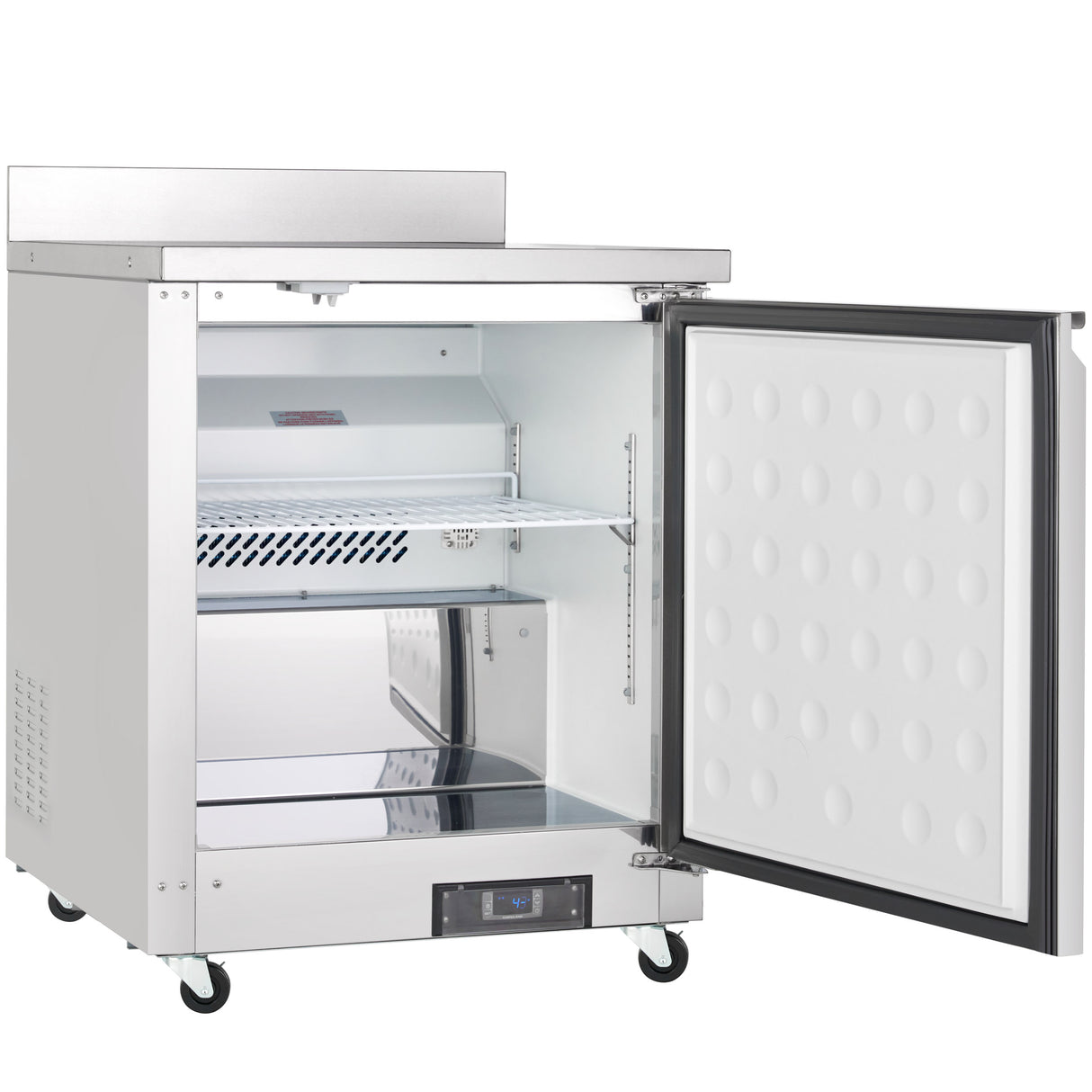 An Empura Freezer with a digital display stands on four wheels. Its door is open, revealing two metal shelves inside. The clean interior features a vented back panel and a textured inner door surface, perfect as an undercounter reach-in freezer.
