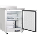 An Empura Freezer with a digital display stands on four wheels. Its door is open, revealing two metal shelves inside. The clean interior features a vented back panel and a textured inner door surface, perfect as an undercounter reach-in freezer.